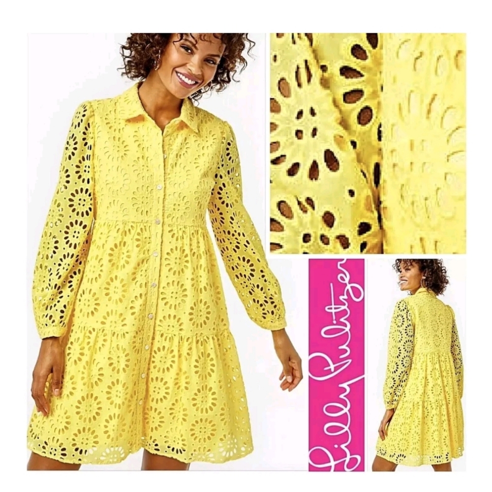 Lilly Pulitzer Kenna Shirtdress Oversize Pinwheel Eyelet Resort Yellow Size 6 - Picture 10 of 11